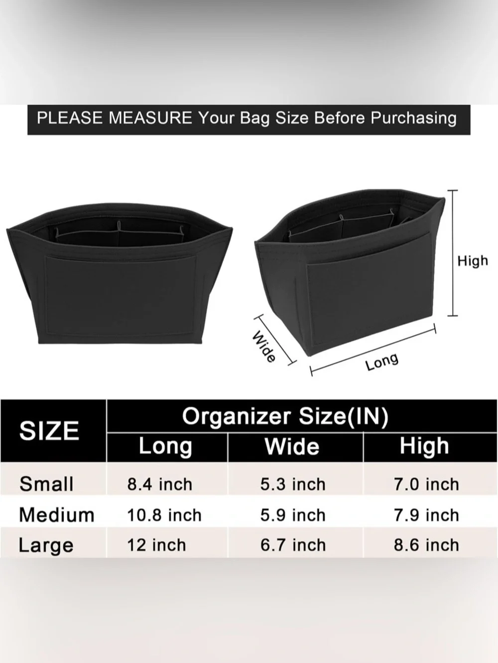 Felt Purse Organizer Insert for Longchamp Le Pliage Handbag Size M in Black NWT